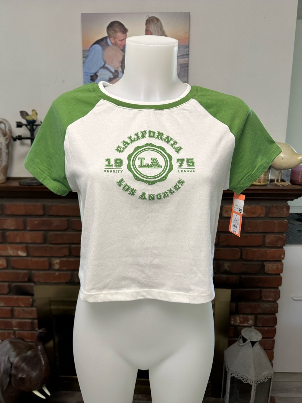 1975 White Crop Top Green Sleeves